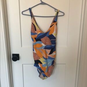 Kona Sol One Piece Swimsuit - Blue and Orange Leaf Pattern